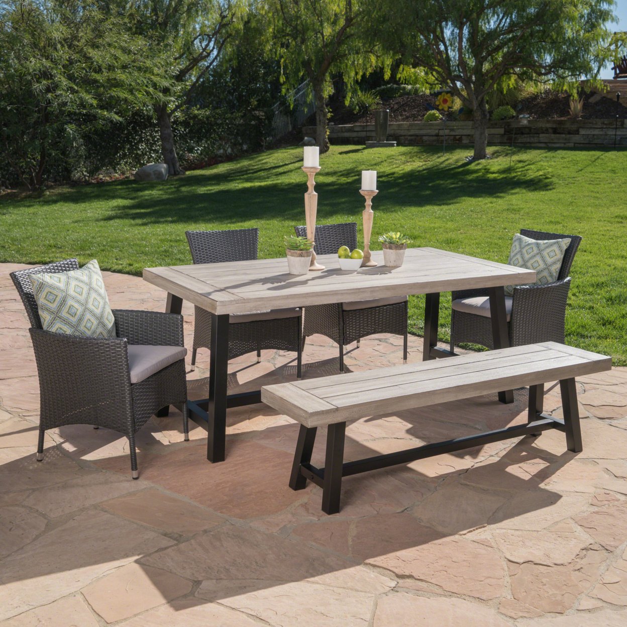 Linda Outdoor 6 Piece Wicker Dining Set With Acacia Wood Table And Bench - Gray/Light Gray/Silver