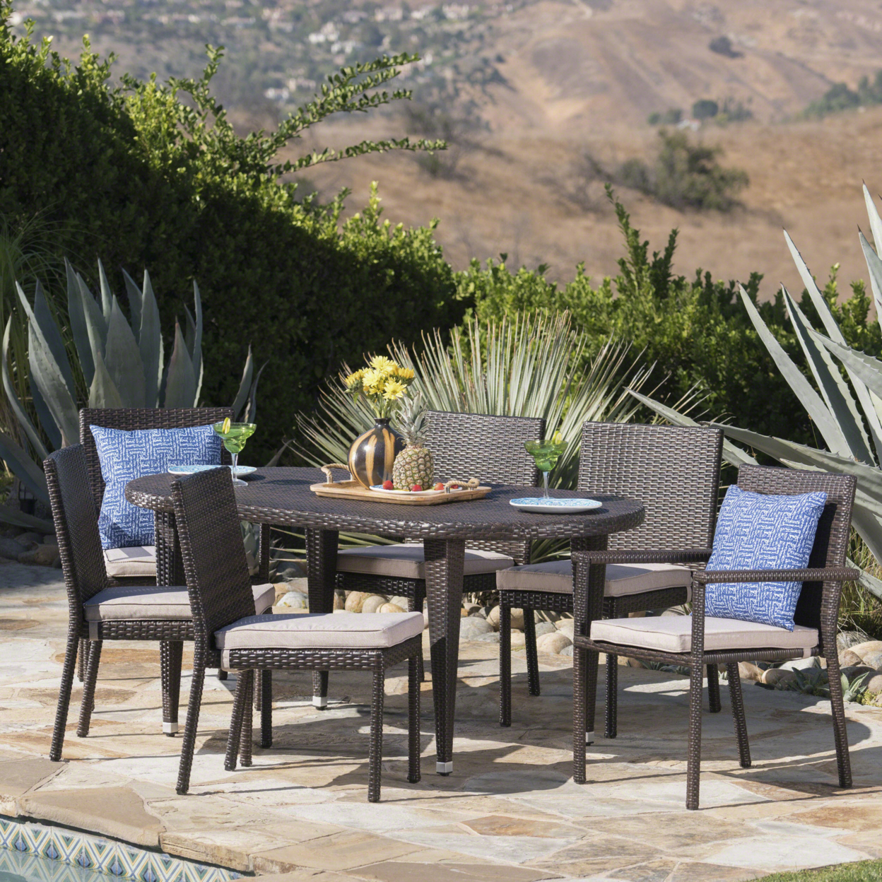 Logan Outdoor 7 Piece Wicker Dining Set With Armed And Armless Stacking Chairs - Multibrown Wicker