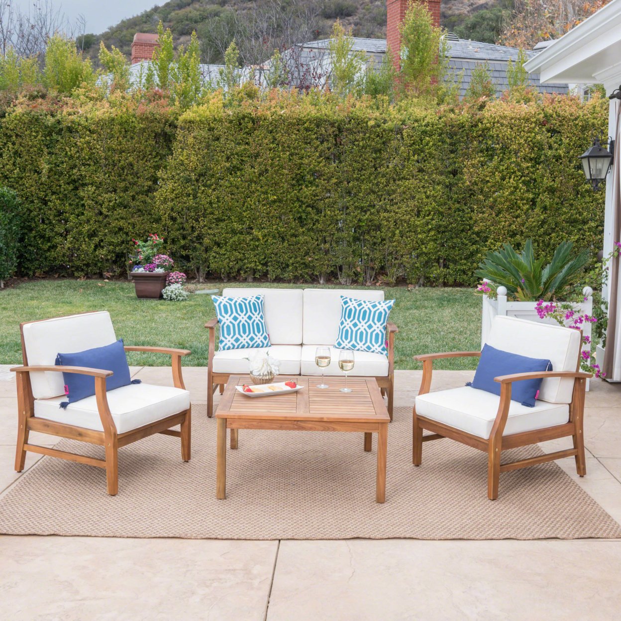 Lorelei Outdoor 4 Seat Teak Finished Acacia Wood Chat Set With Water Resistant Cushions - Blue
