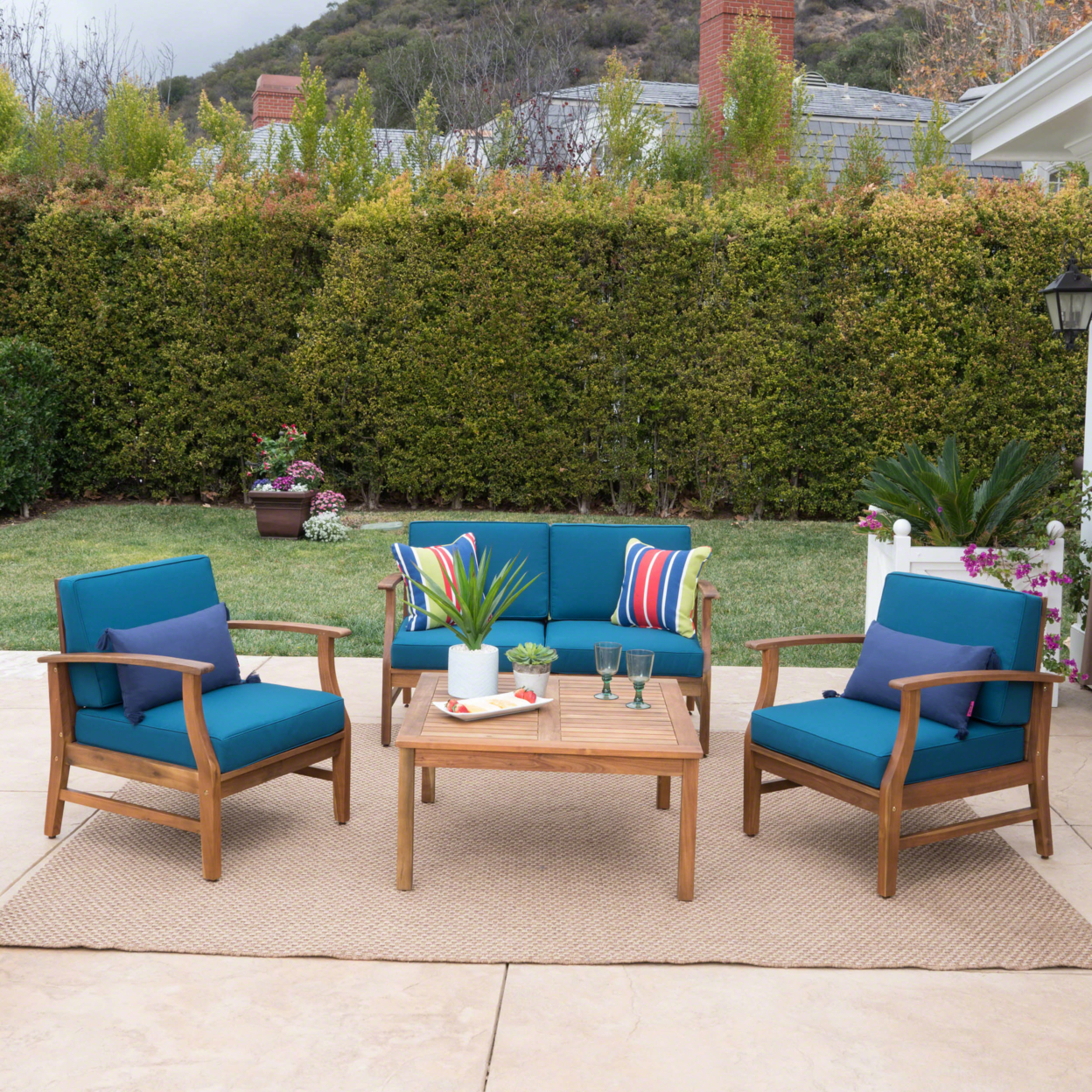 Lorelei Outdoor 4 Seat Teak Finished Acacia Wood Chat Set With Water Resistant Cushions - Blue
