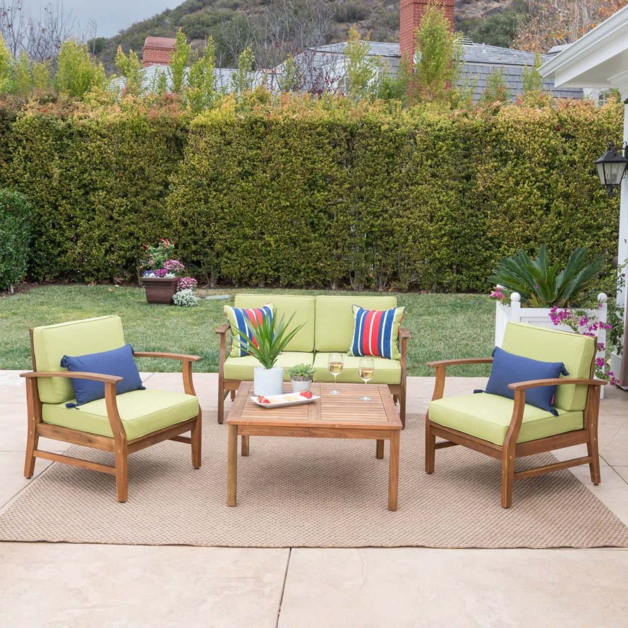 Lorelei Outdoor 4 Seat Teak Finished Acacia Wood Chat Set With Water Resistant Cushions - Green