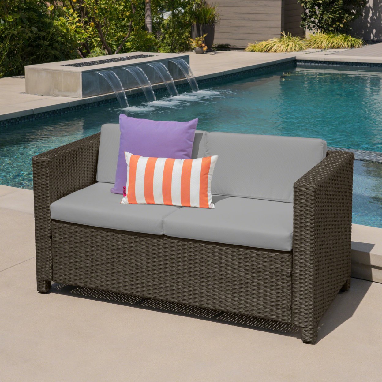 Lorelei Outdoor Wicker Loveseat With Water Resistant Cushions - Brown/Ceramic Gray