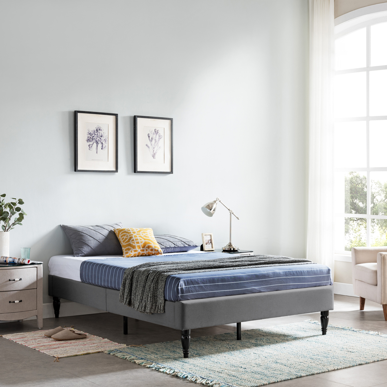 Luca Contemporary Upholstered Queen Bed Frame With Turned Legs - Charcoal Gray