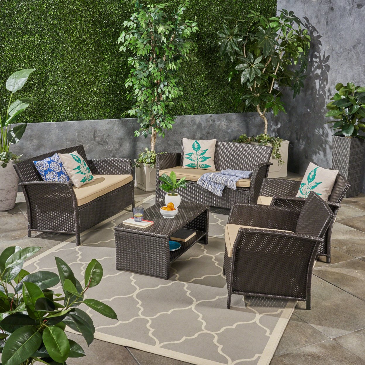 Lucia Outdoor 6 Seater Wicker Chat Set - Brown / Tan