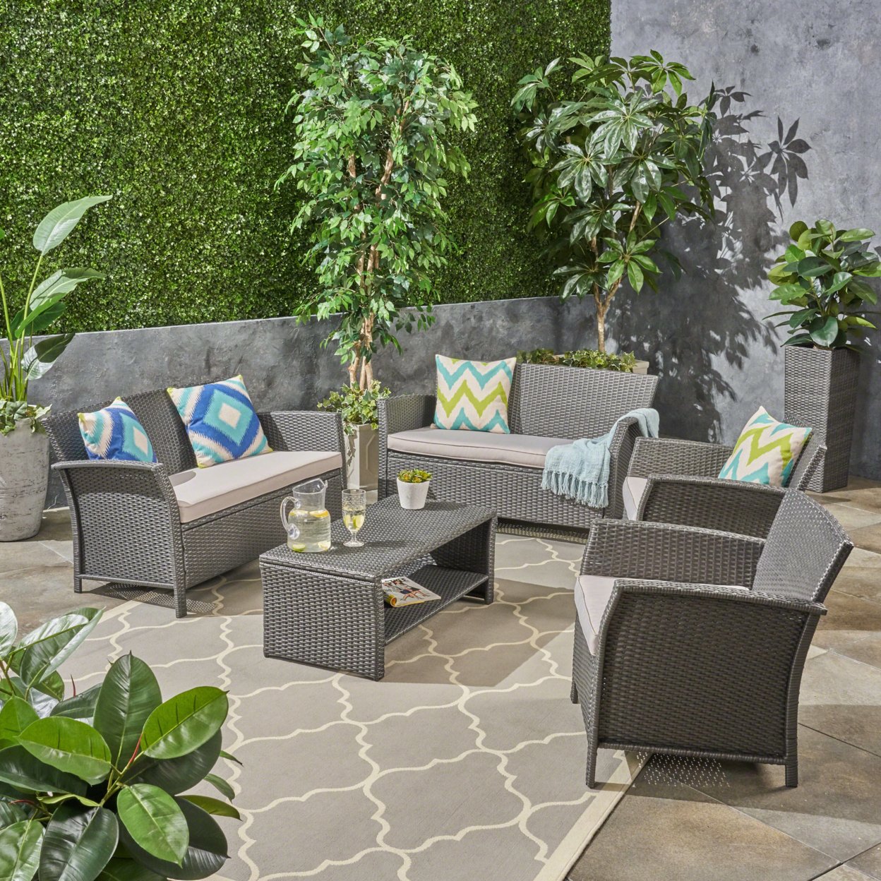 Lucia Outdoor 6 Seater Wicker Chat Set - Gray / Silver