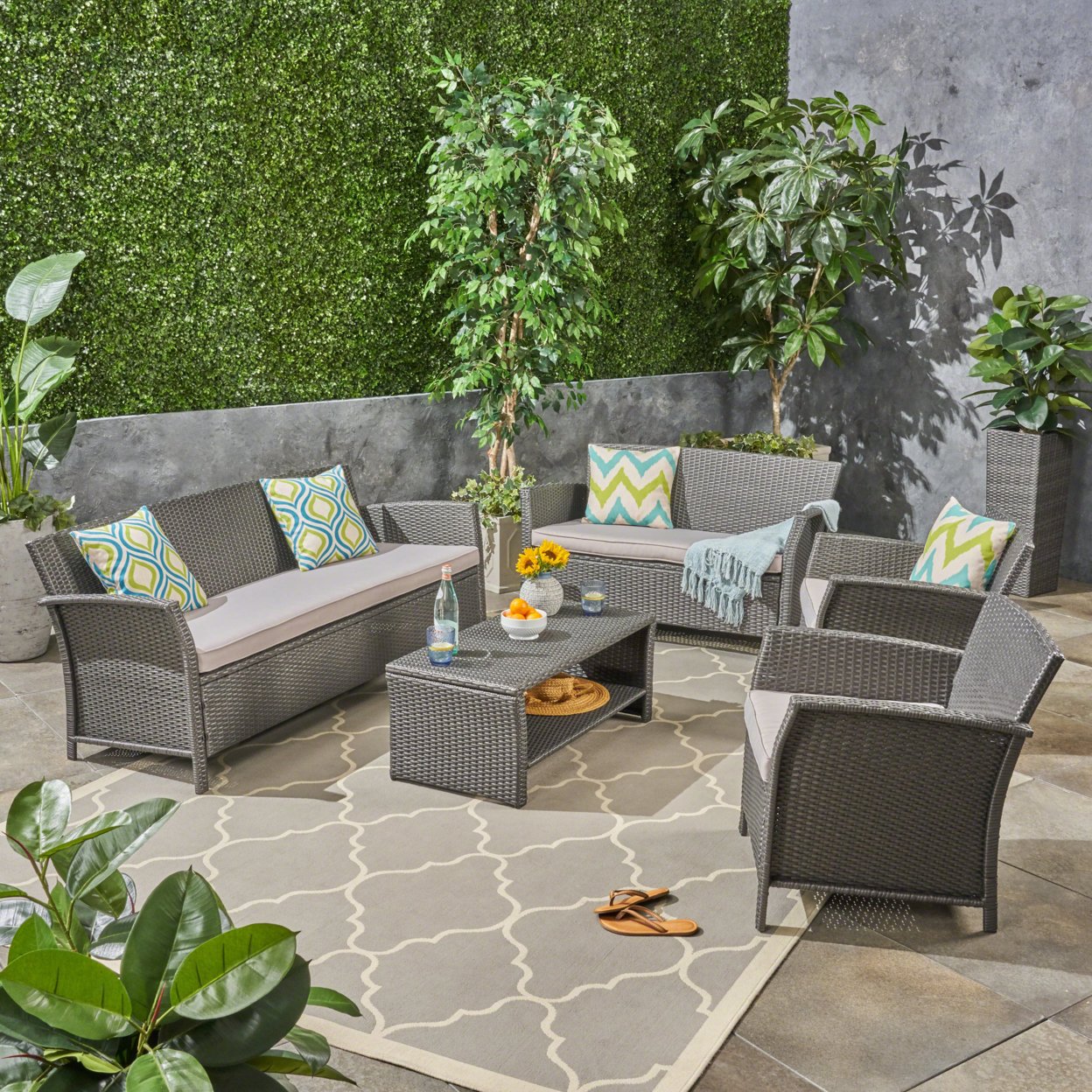 Lucia Outdoor 7 Seater Wicker Chat Set - Gray / Silver