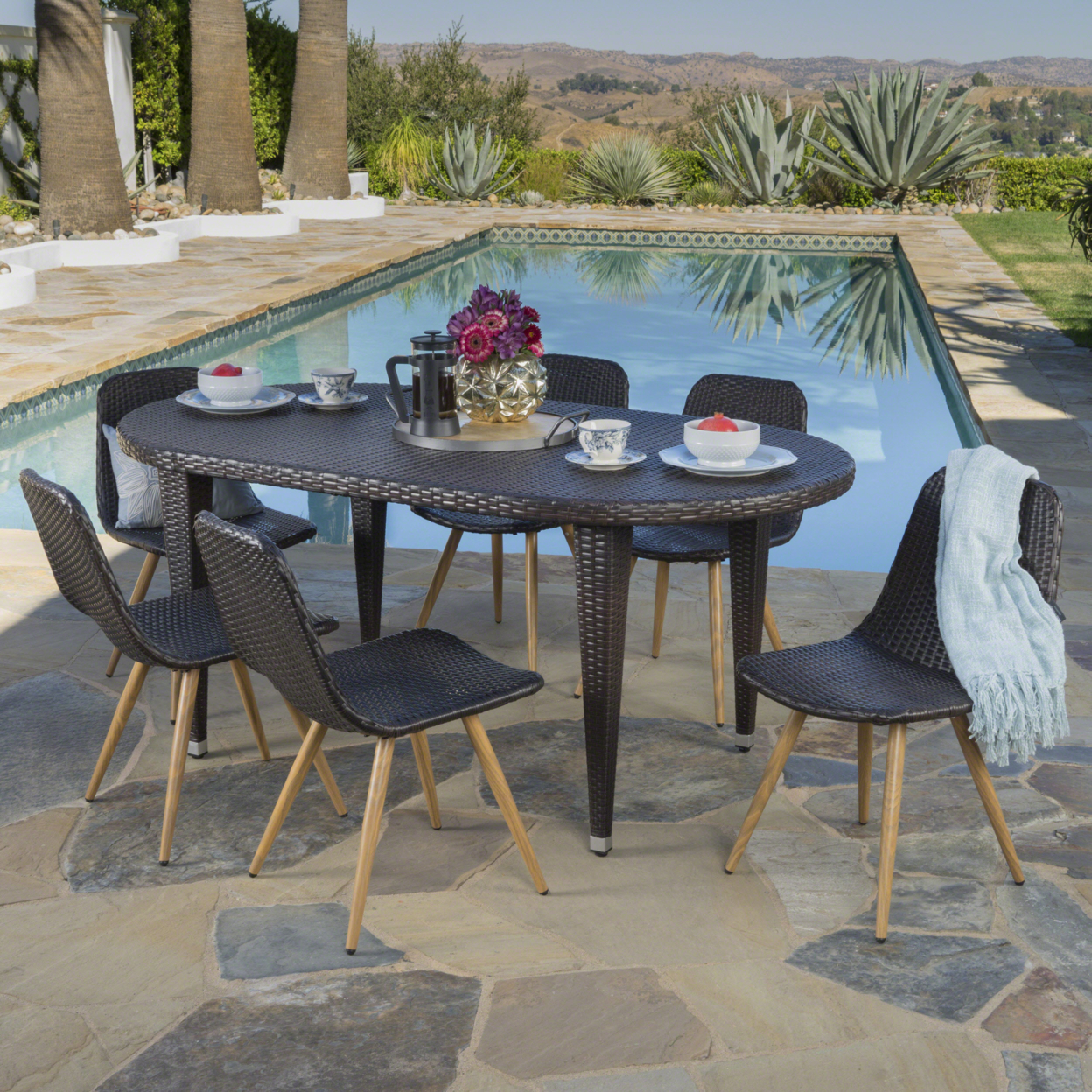 Lynda Outdoor 7 Piece Wicker Oval Dining Set With Wood Finished Legs - Multi-brown/Light Brown