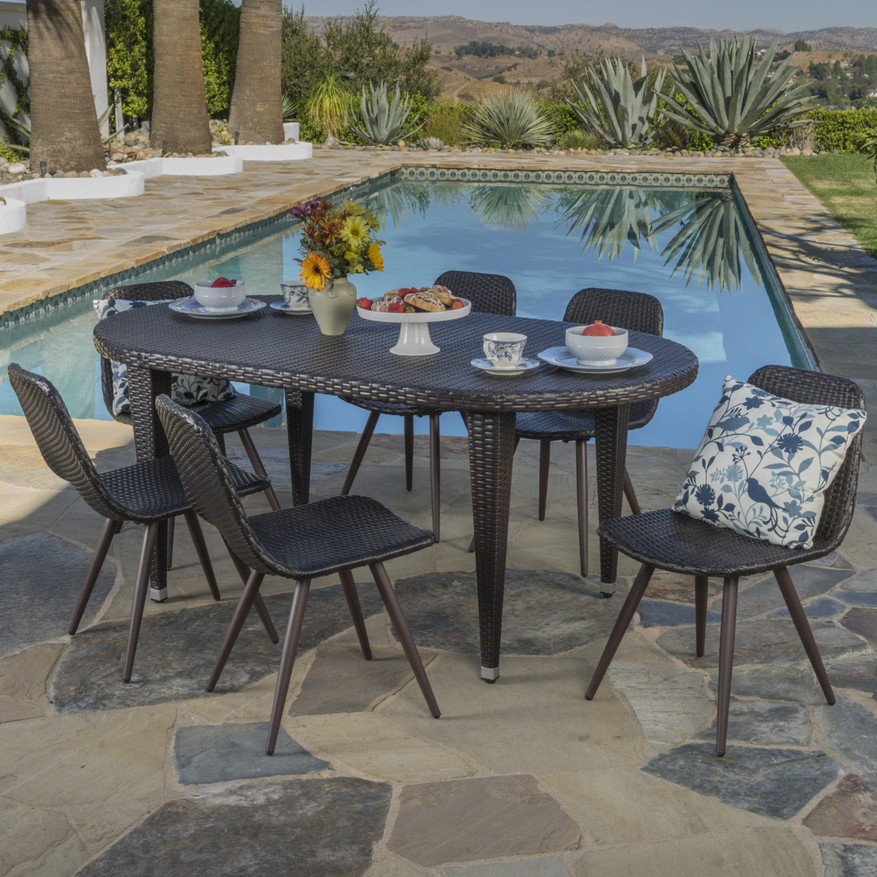 Lynda Outdoor 7 Piece Wicker Oval Dining Set With Wood Finished Legs - Multi-brown/Brown