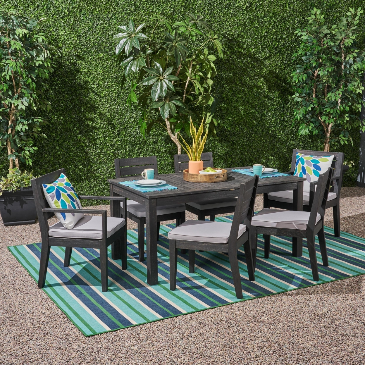 Maddox Outdoor 6-Seater Acacia Wood Expandable Dining Set - Gray, Set Of 9