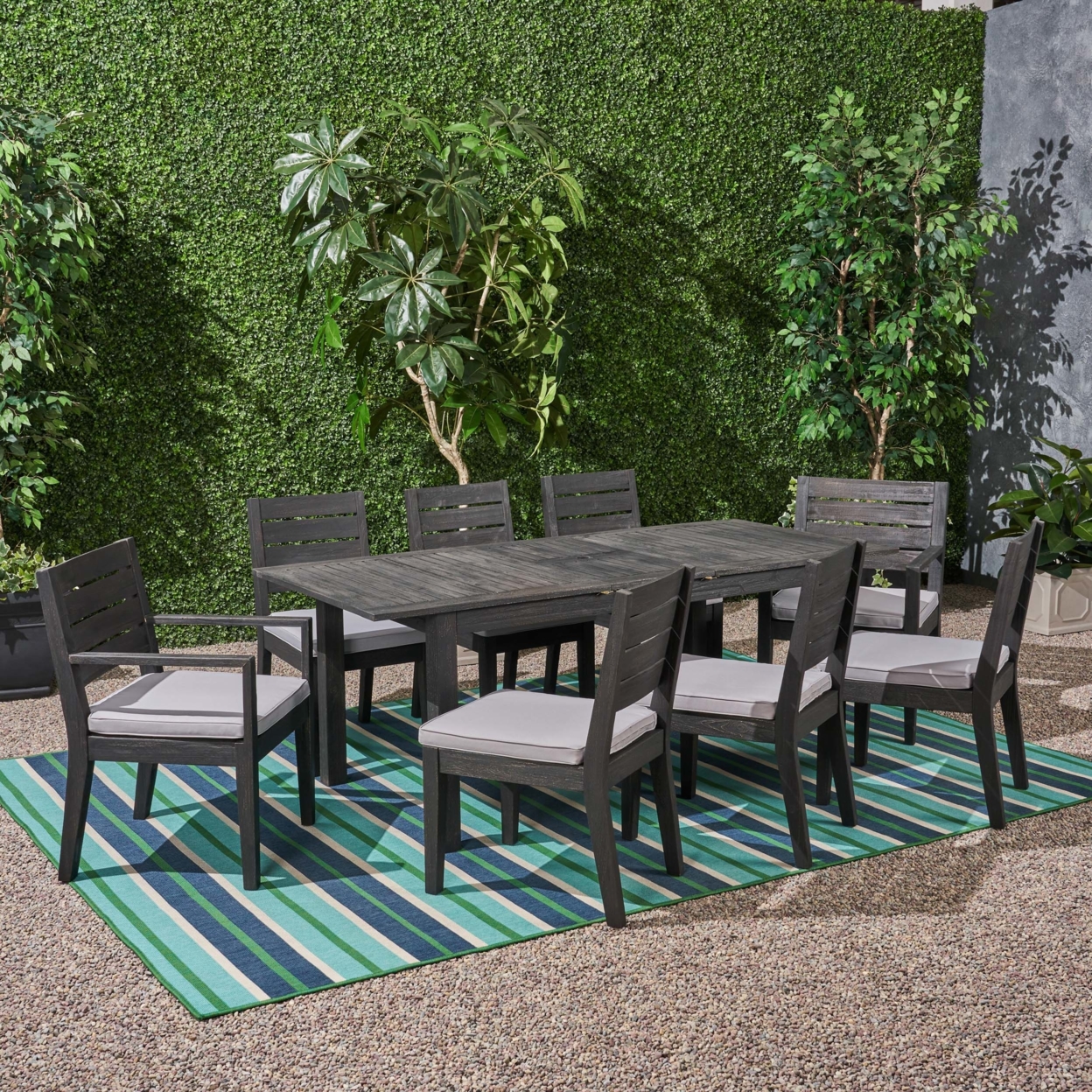 Maddox Outdoor 6-Seater Acacia Wood Expandable Dining Set - Gray, Set Of 7