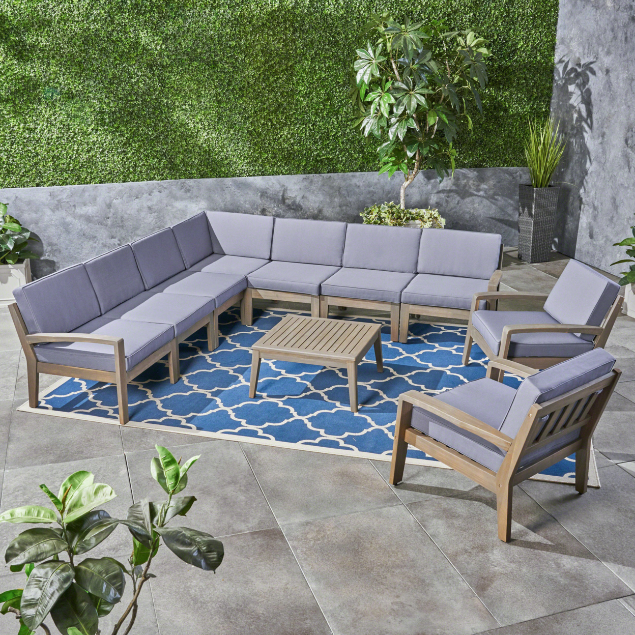 Madeline Outdoor Acacia Wood 9 Seater Sectional Sofa And Club Chair Set With Coffee Table - Dark Gray