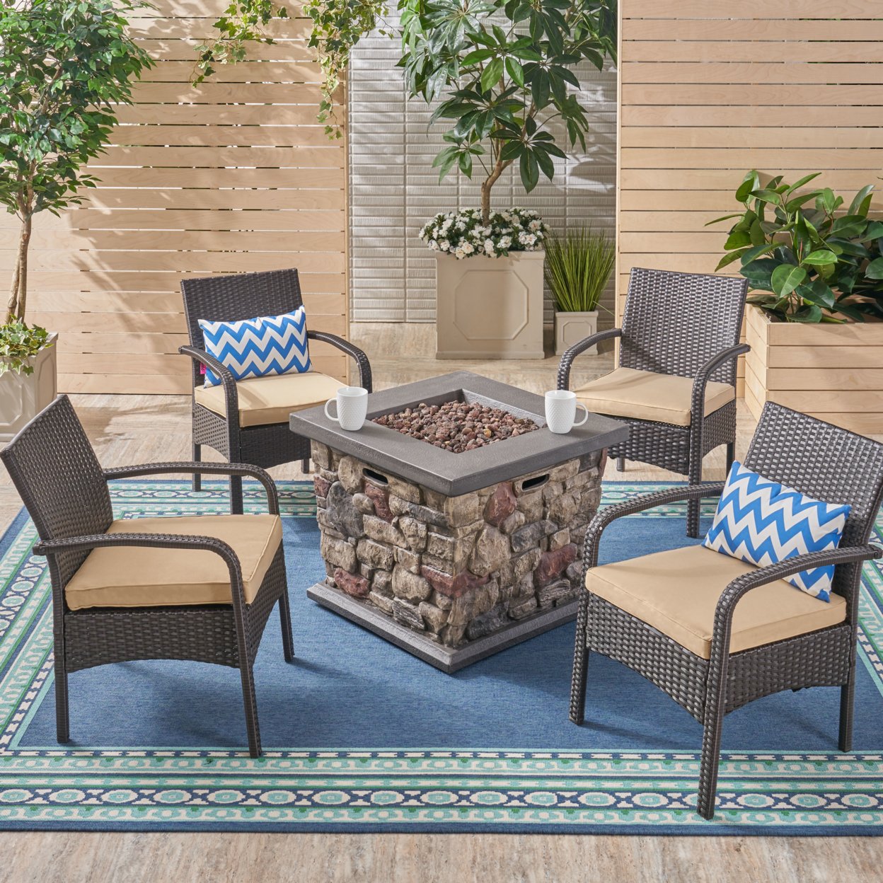 Mavis Patio Fire Pit Set, 4-Seater With Club Chairs, Wicker With Outdoor Cushions - Brown / Tan / Stone
