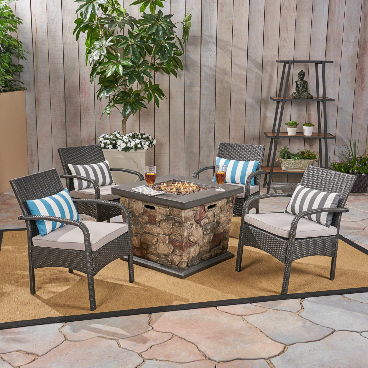 Mavis Patio Fire Pit Set, 4-Seater With Club Chairs, Wicker With Outdoor Cushions - Gray / Silver / Stone