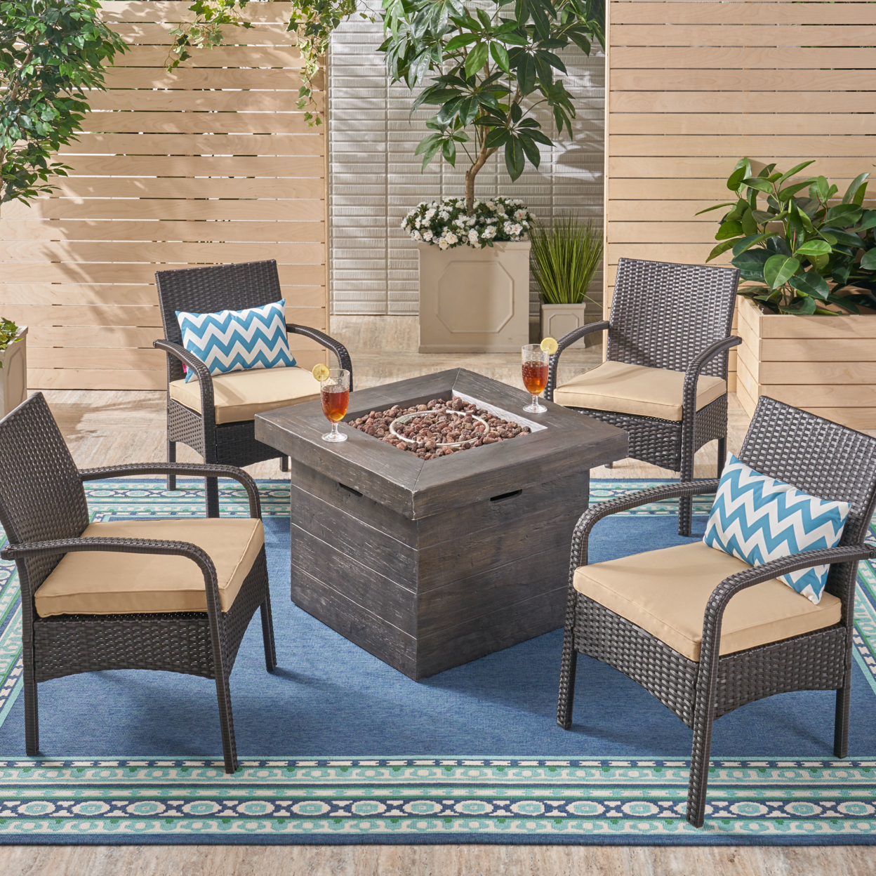 Meroy Patio Fire Pit Set, 4-Seater With Club Chairs, Wicker With Outdoor Cushions - Gray / Silver/ Gray