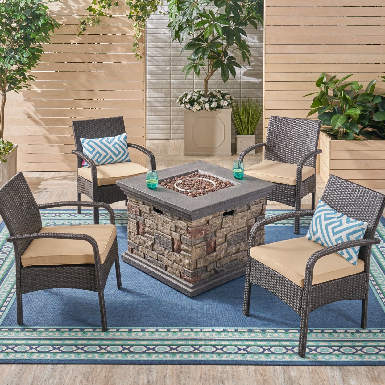 Meroy Patio Fire Pit Set, 4-Seater With Club Chairs, Wicker With Outdoor Cushions - Brown / Tan / Brown