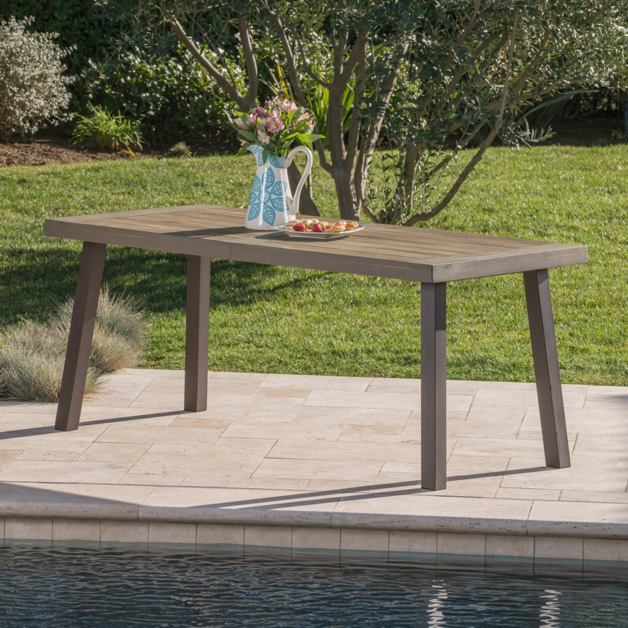 Mika Outdoor Finished Acacia Wood Dining Table With Metal Legs - Dark Brown/White
