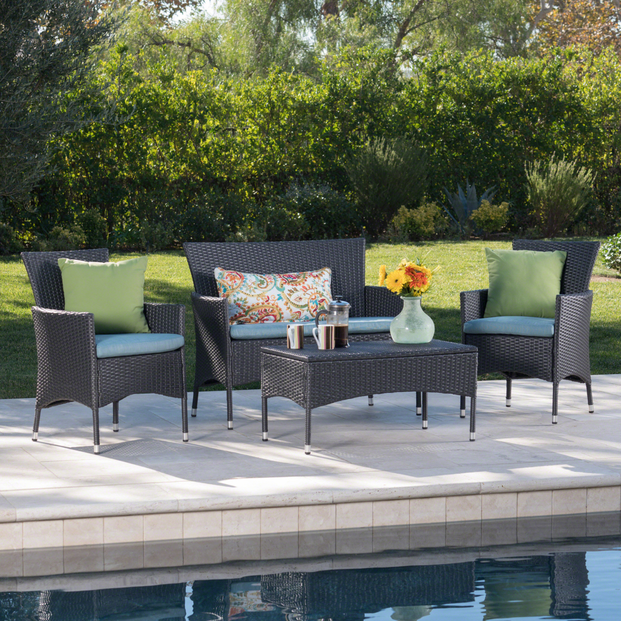 Mina Outdoor 4 Piece Wicker Chat Set With Water Resistant Cushions - Grey / Teal