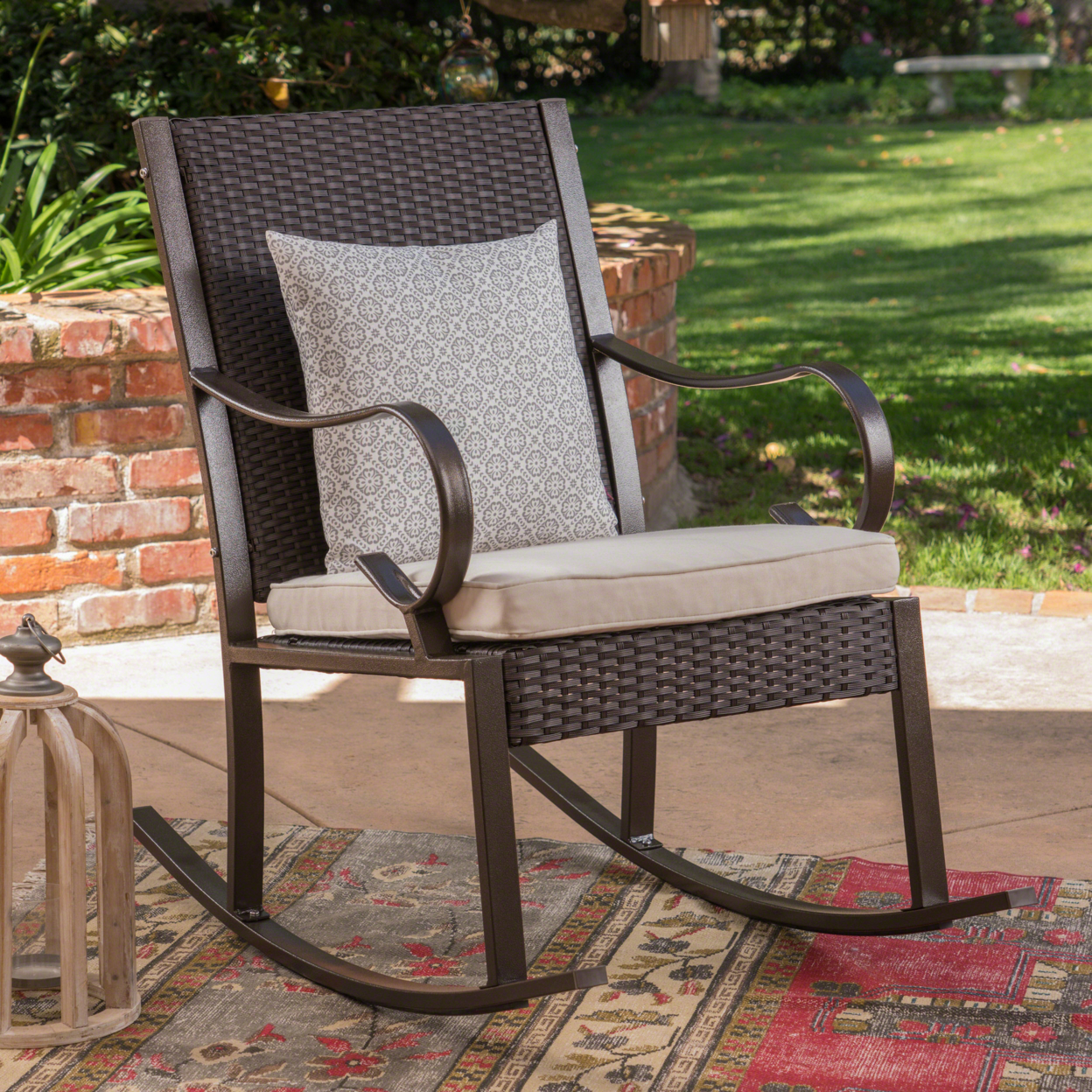 Muriel Outdoor Wicker Rocking Chair With Cushion - Dark Brown/Cream, Single