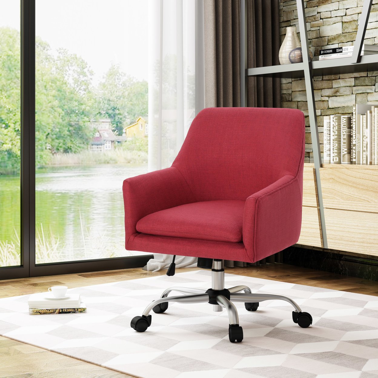 Morgan Mid Century Modern Fabric Home Office Chair With Chrome Base - Red