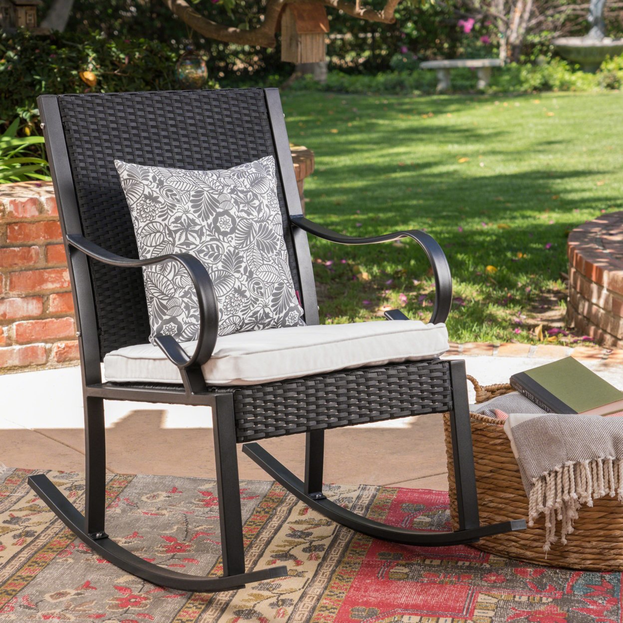 Muriel Outdoor Wicker Rocking Chair With Cushion - Black/White, Single