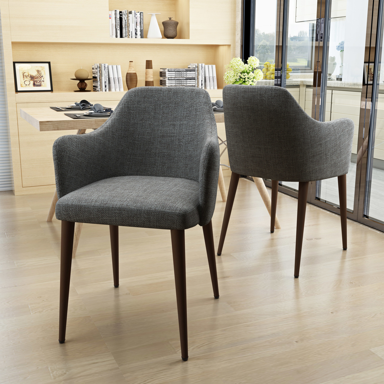 Nande Mid Century Fabric Dining Chairs With Wood Finished Legs - Set Of 2 - Light Gray/Dark Walnut
