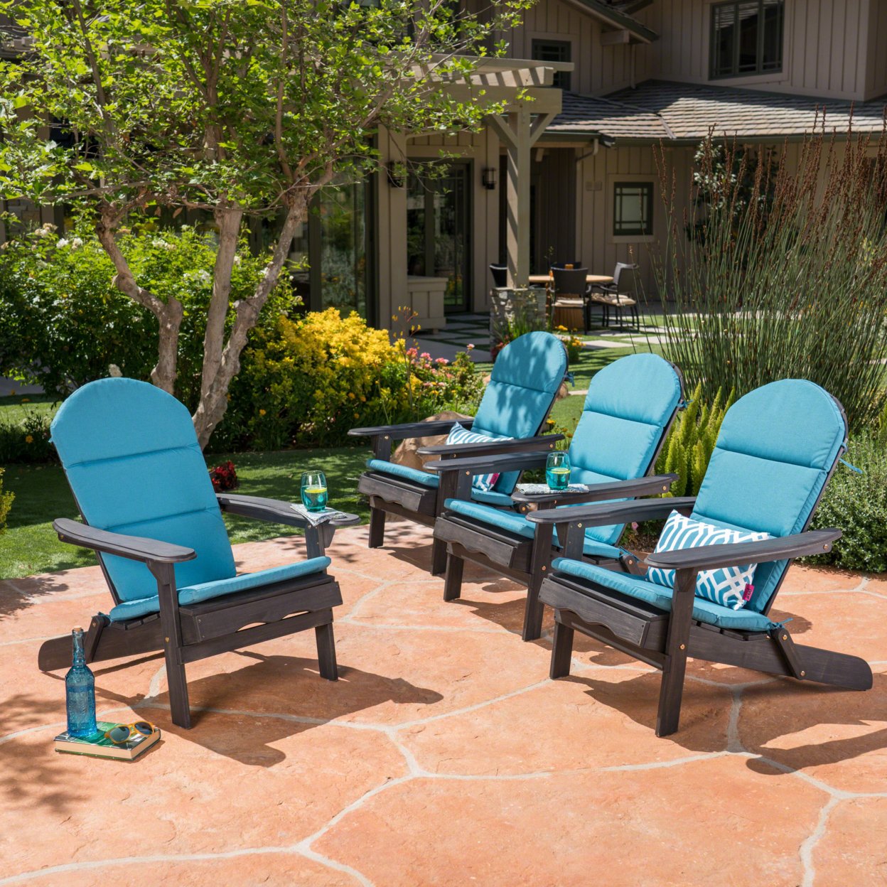 Nelie Outdoor Acacia Wood Adirondack Chairs With Cushions - Dark Teal, Set Of 4