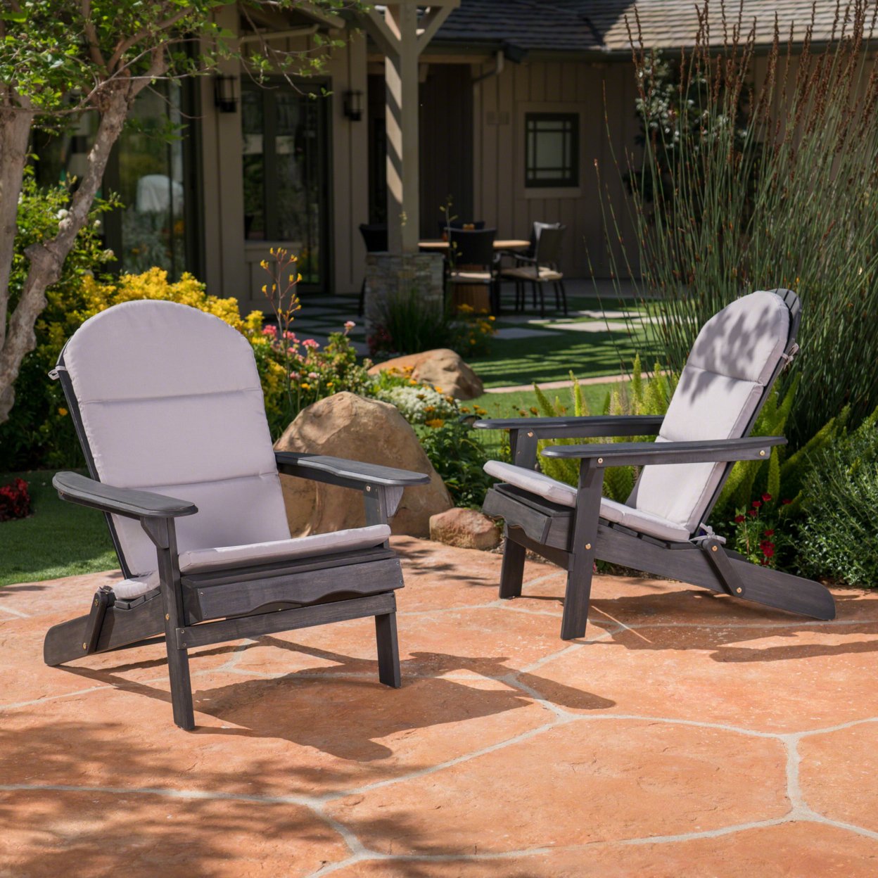 Nelie Outdoor Acacia Wood Adirondack Chairs With Cushions - Grey, Set Of 2