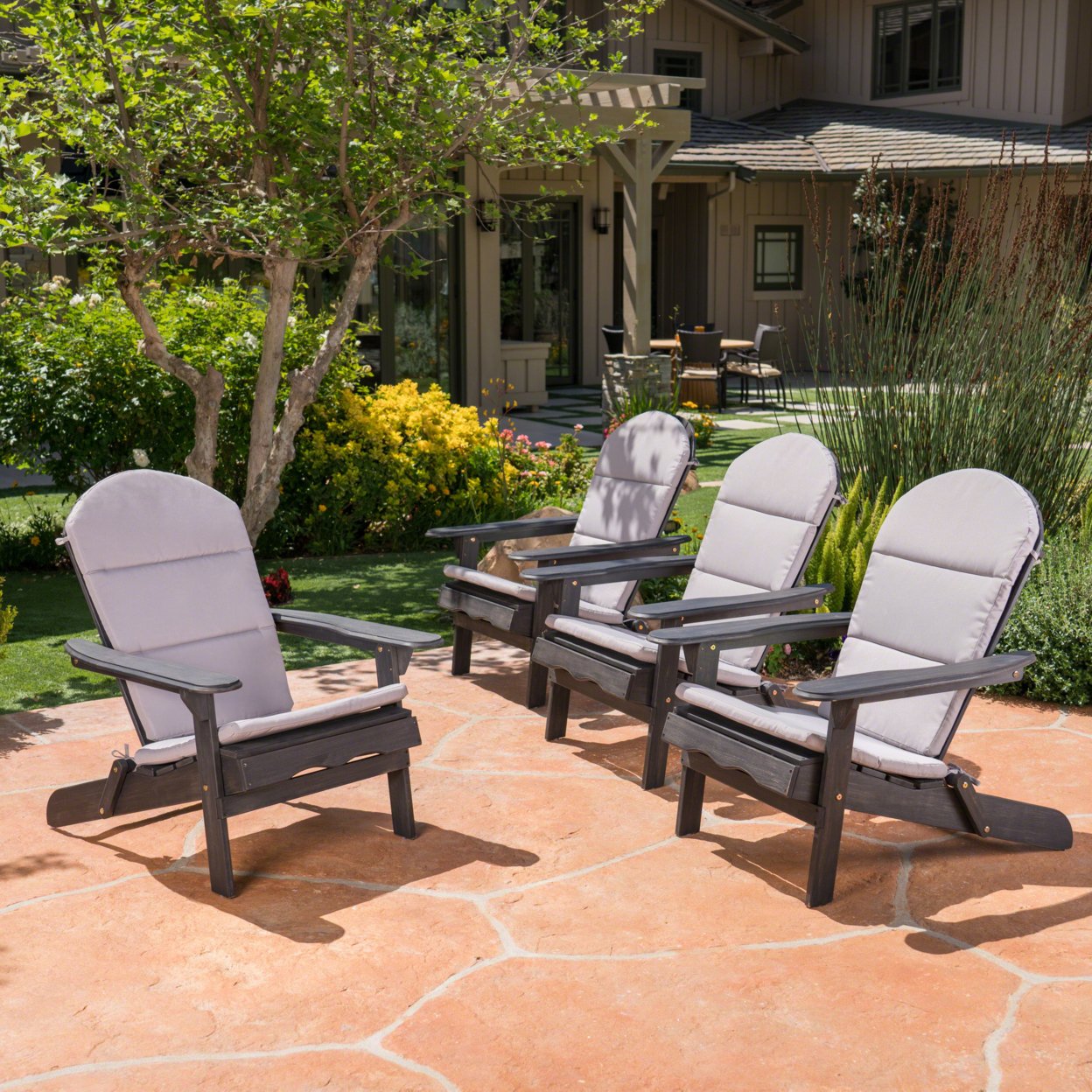 Nelie Outdoor Acacia Wood Adirondack Chairs With Cushions - Grey, Set Of 4