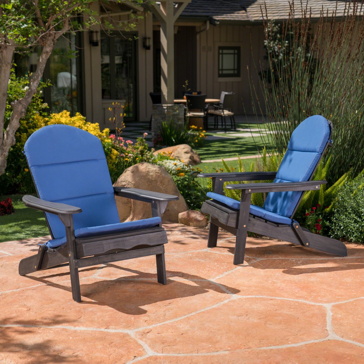 Nelie Outdoor Acacia Wood Adirondack Chairs With Cushions - Navy Blue, Set Of 2