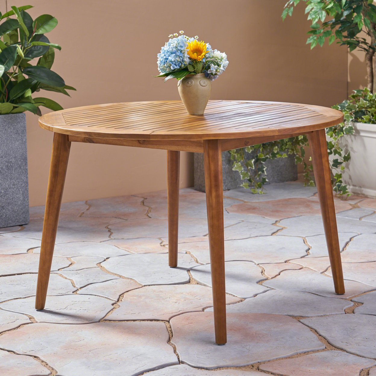 Nick Outdoor Acacia Wood Round Dining Table - Gray