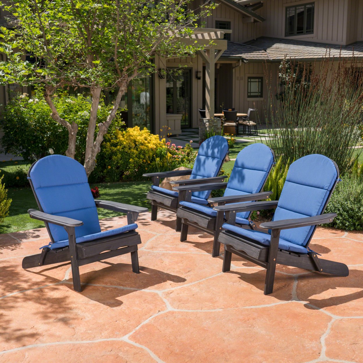 Nelie Outdoor Acacia Wood Adirondack Chairs With Cushions - Navy Blue, Set Of 4
