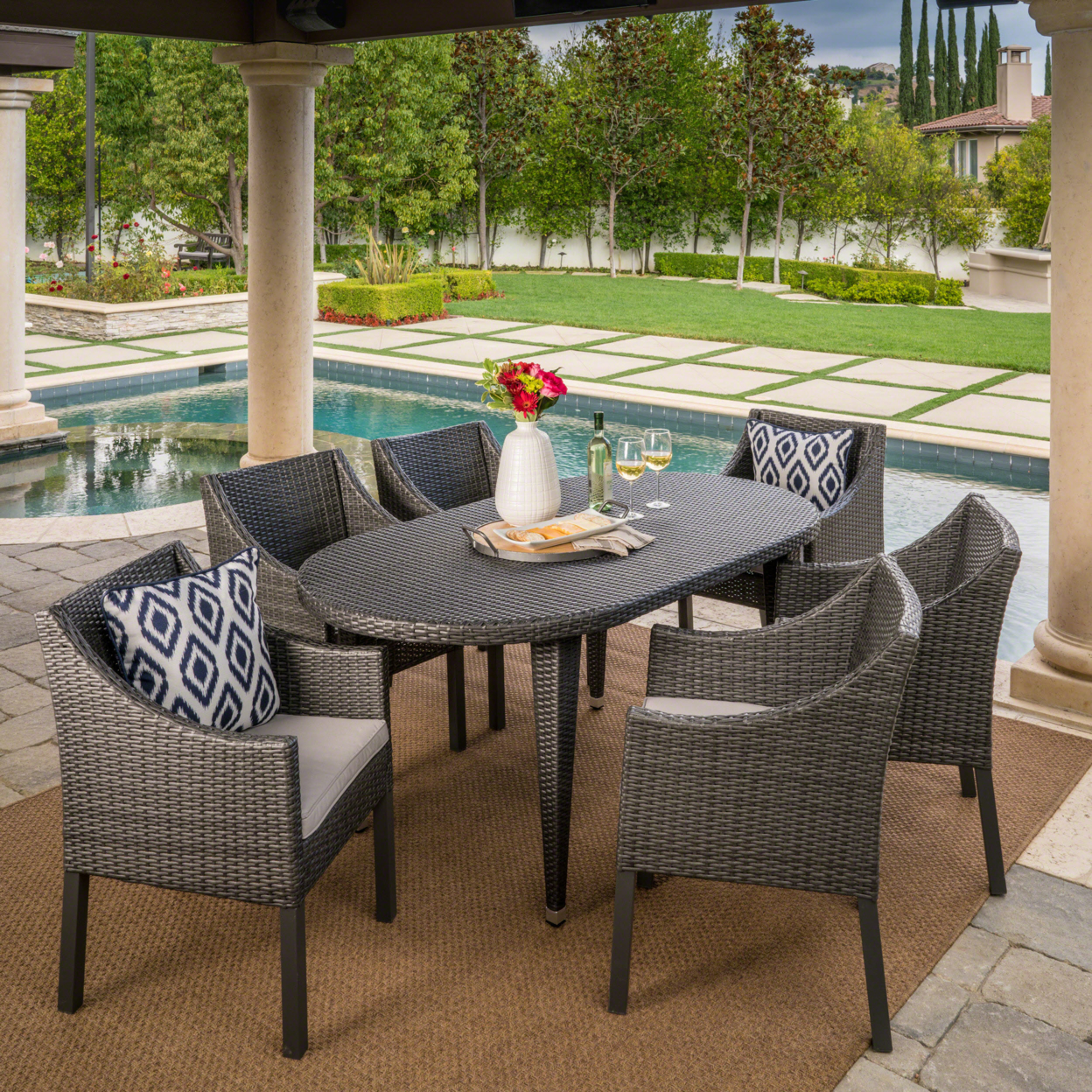 Nicholas Outdoor 7 Piece Wicker Oval Dining Set With Water Resistant Cushions - Multi-brown/Beige