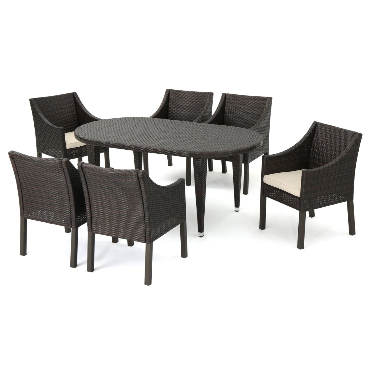 Nicholas Outdoor 7 Piece Wicker Oval Dining Set With Water Resistant Cushions - Multi-brown/Beige
