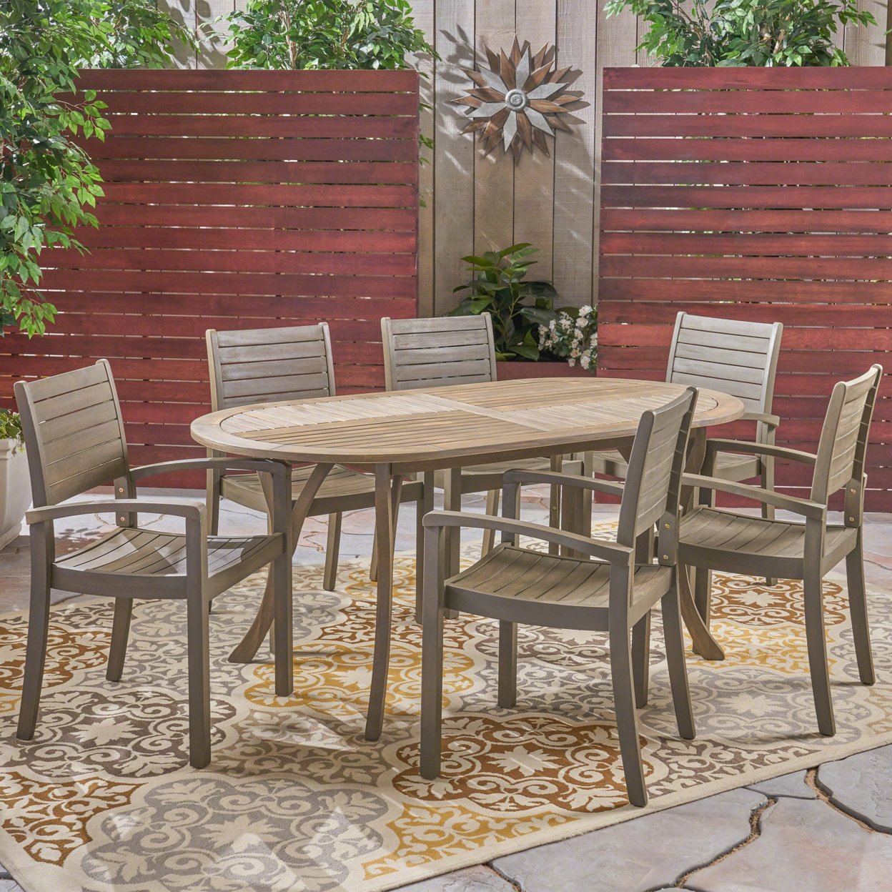 Powell Outdoor 6-Seater Oval Acacia Wood Dining Set - Gray