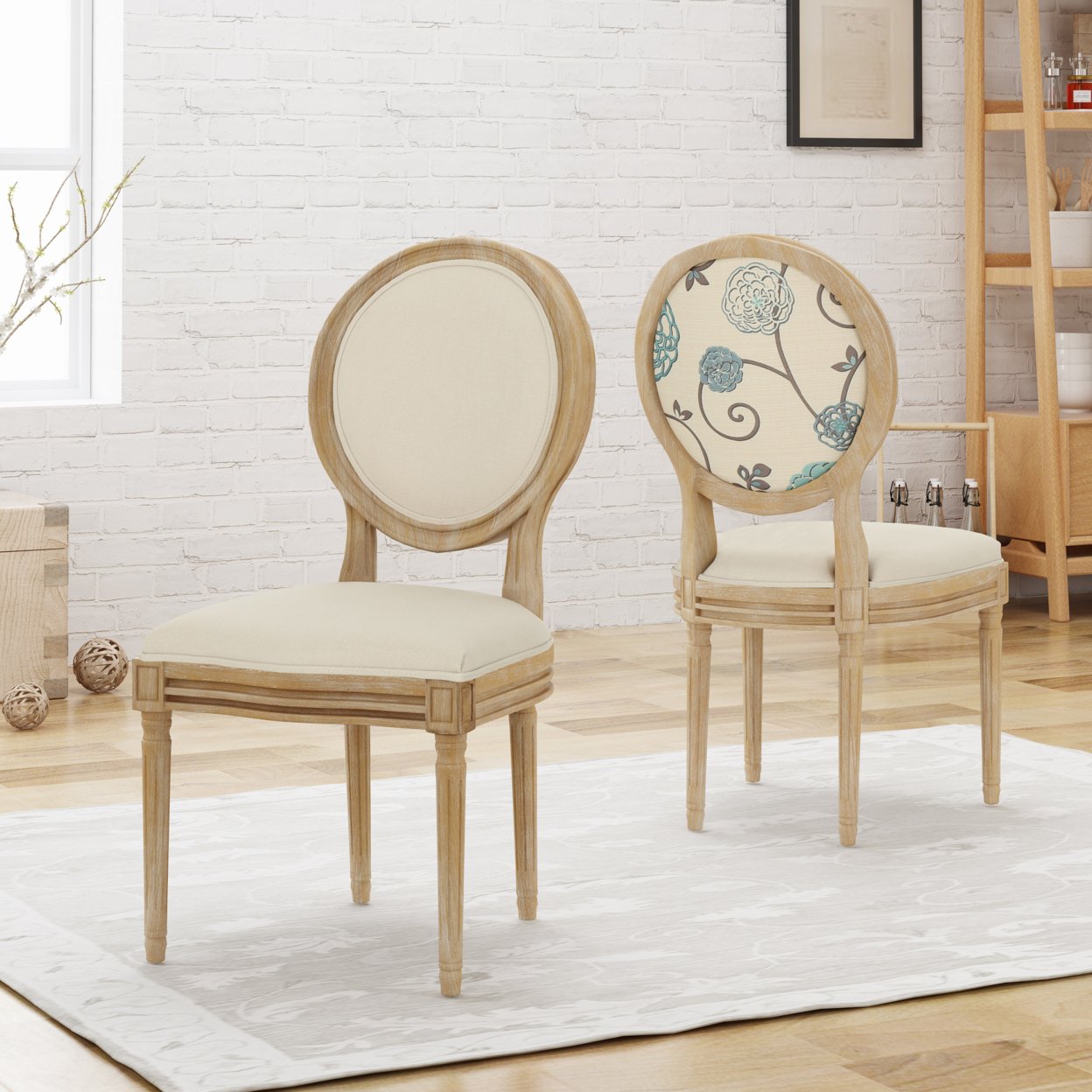 Reed Upholstered French Design Dining Chairs - Beige White & Blue