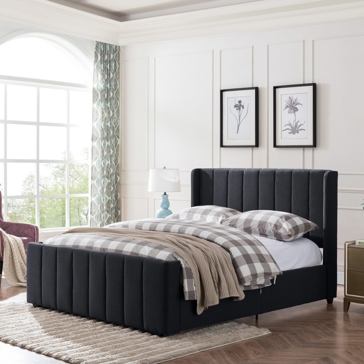 Riley Fully Upholstered Queen Size Bed Frame - Navy Blue