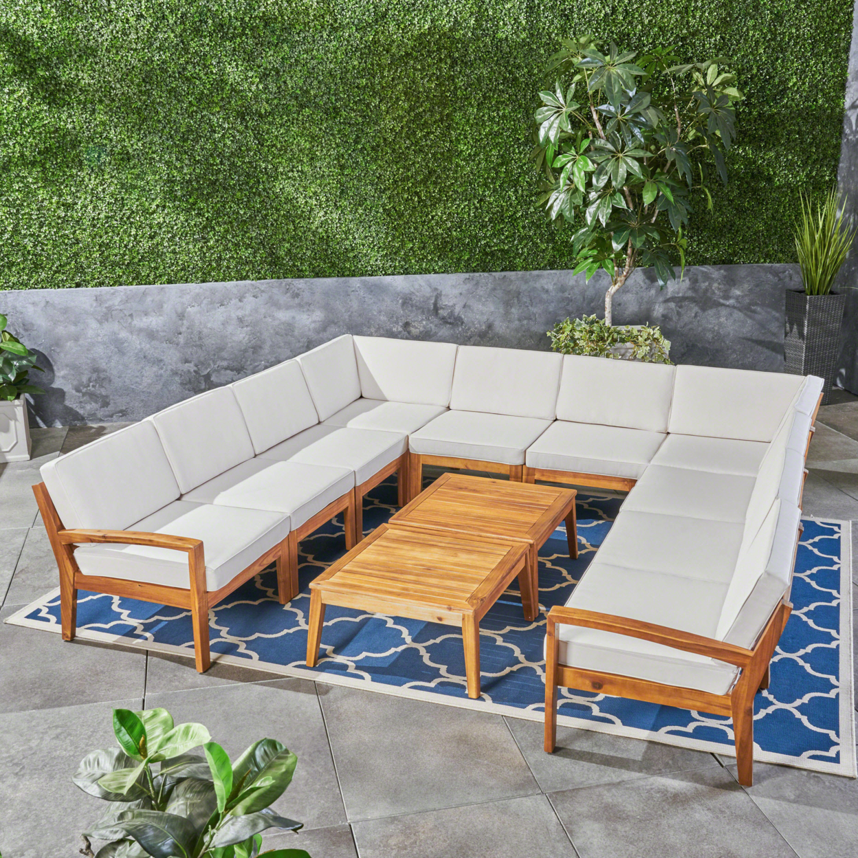 Roy Outdoor Acacia Wood 10 Seater Sectional Sofa Set With Two Coffee Tables - Blue