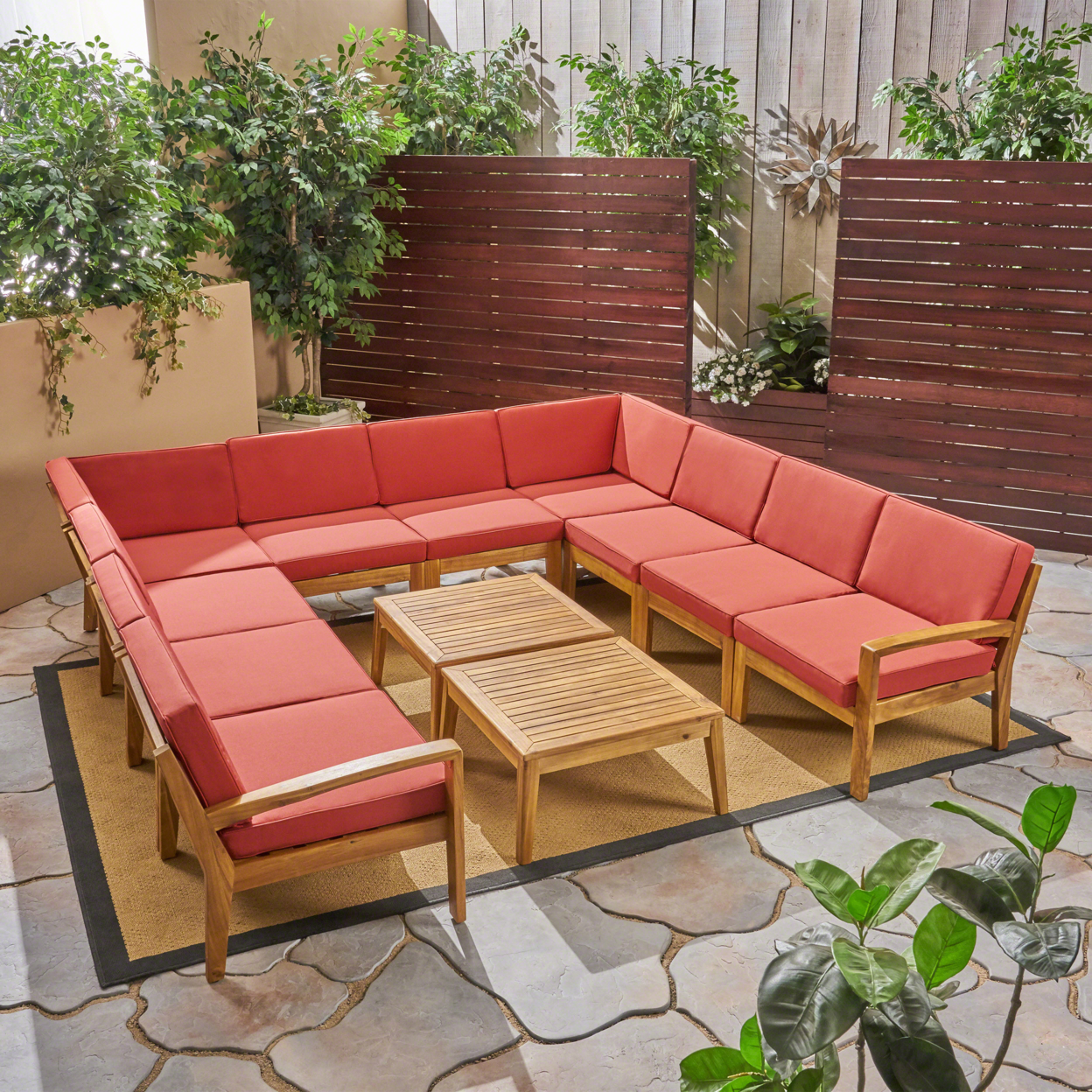 Roy Outdoor Acacia Wood 10 Seater Sectional Sofa Set With Two Coffee Tables - Red