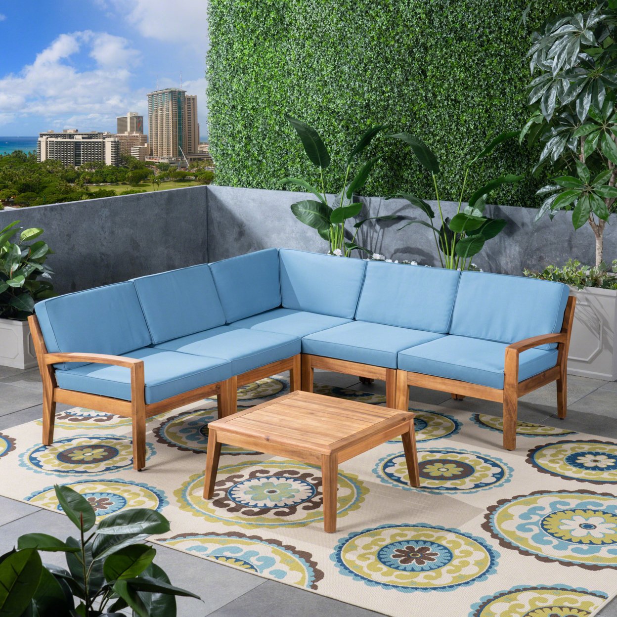Roy Outdoor Acacia Wood 5 Seater Sectional Sofa Set With Coffee Table - Blue