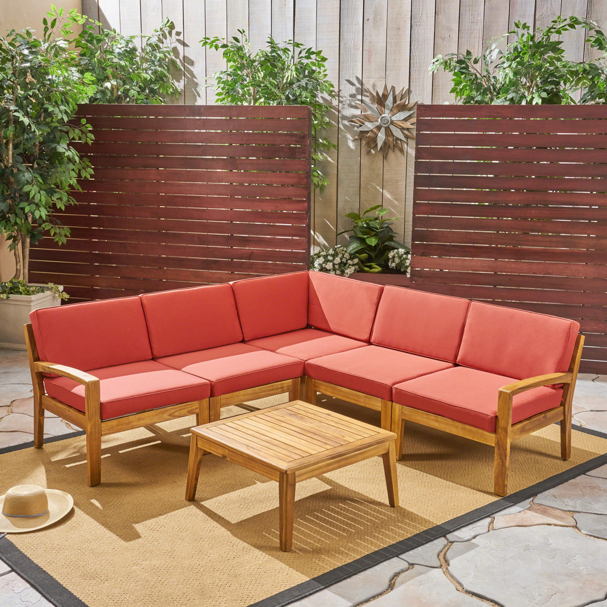 Roy Outdoor Acacia Wood 5 Seater Sectional Sofa Set With Coffee Table - Red