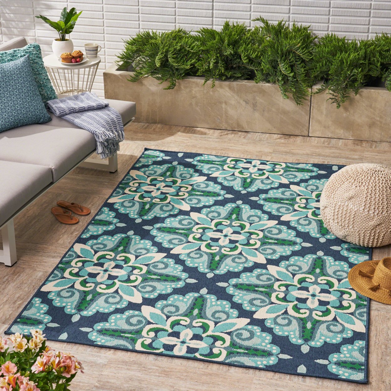 Sage Outdoor Floral Area Rug - 6'7 X 9'2, Blue/Green