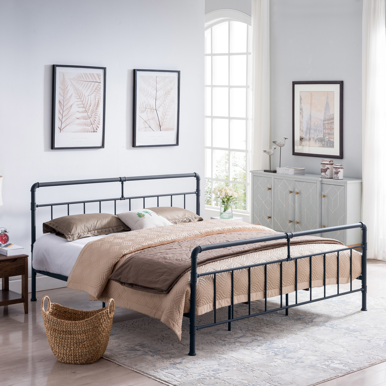 Sally Queen-Size Iron Bed Frame, Minimal, Industrial - Charcoal Gray, Queen