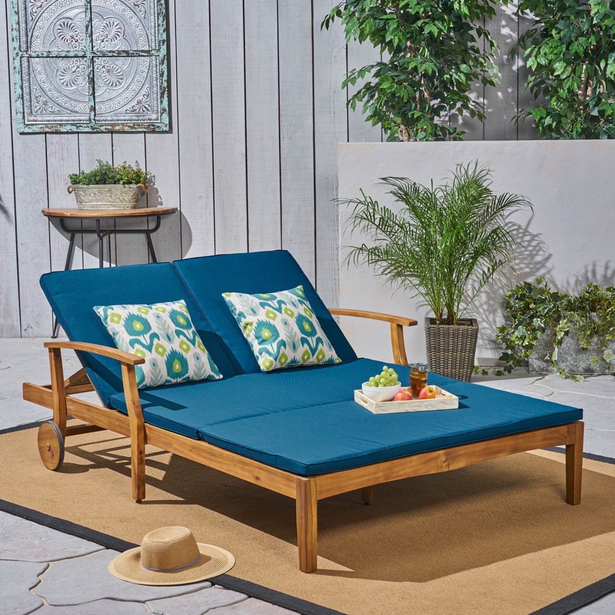 Samantha Double Chaise Lounge For Yard And Patio, Acacia Wood Frame - Cream