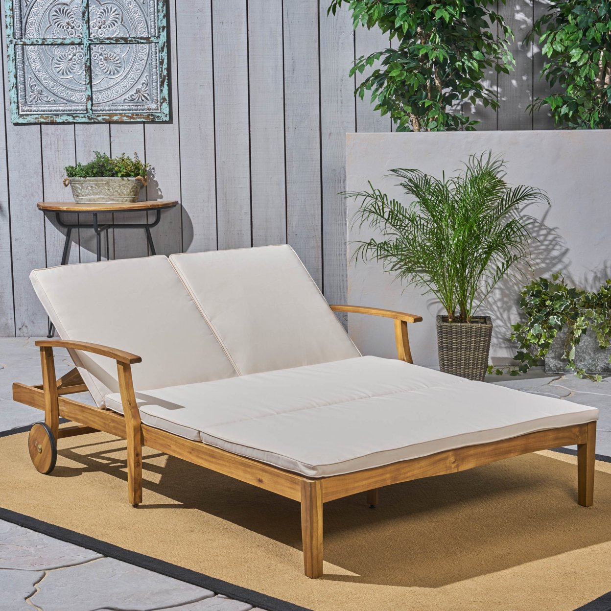 Samantha Double Chaise Lounge For Yard And Patio, Acacia Wood Frame - Cream