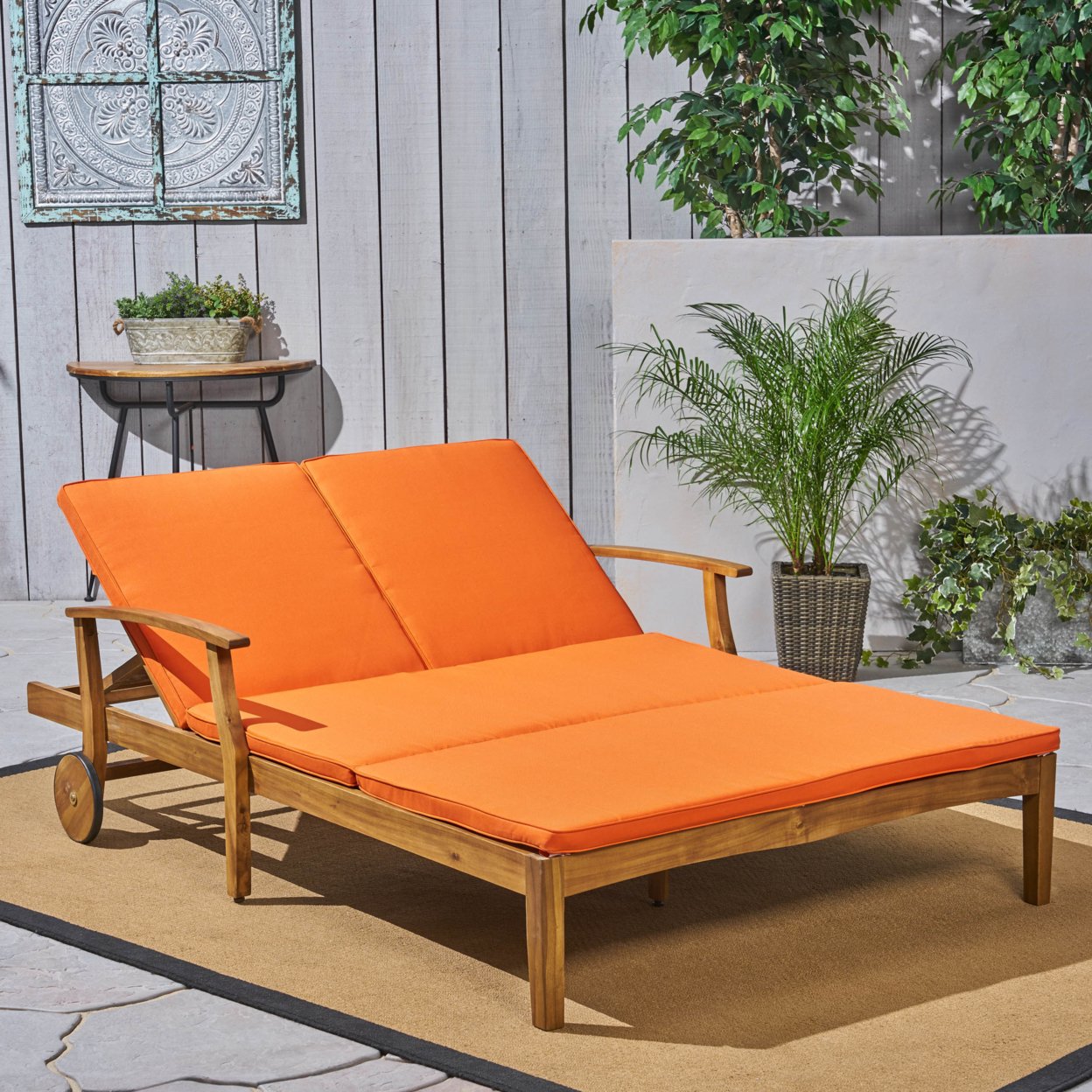 Samantha Double Chaise Lounge For Yard And Patio, Acacia Wood Frame - Orange