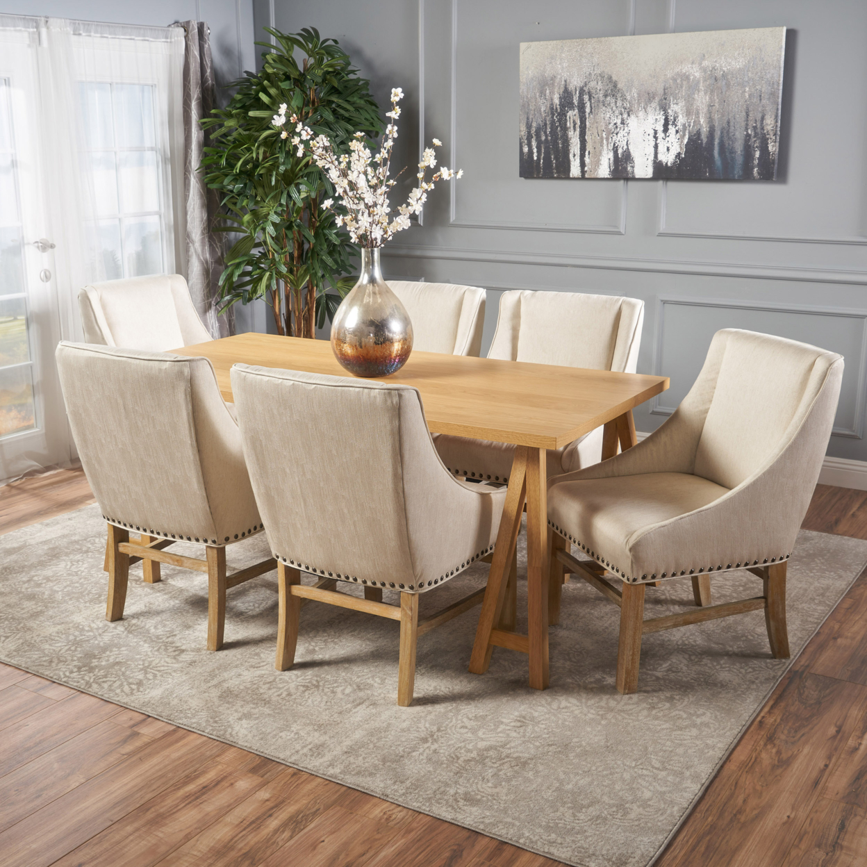 Sandor Farmhouse 7-piece Rectangular Wood Dining Set - Linen