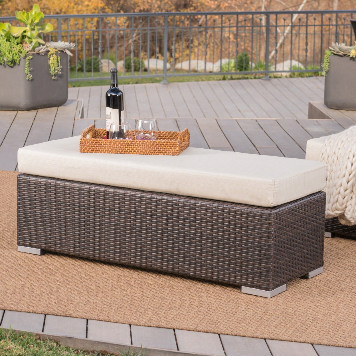 Santa Rosa Outdoor Wicker Bench With Water Resistant Cushion - Multi-brown/Beige