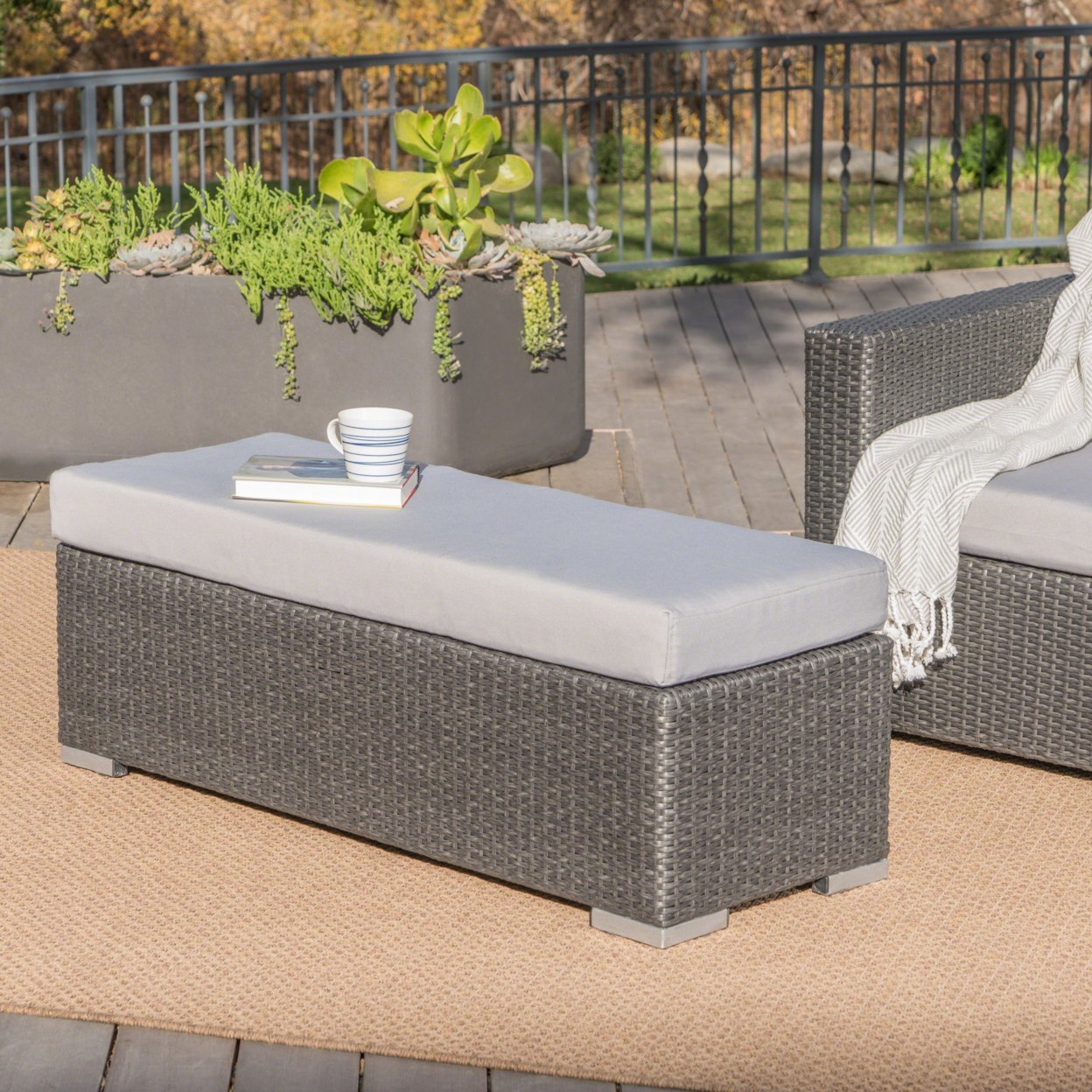 Santa Rosa Outdoor Wicker Bench With Water Resistant Cushion - Gray/Silver