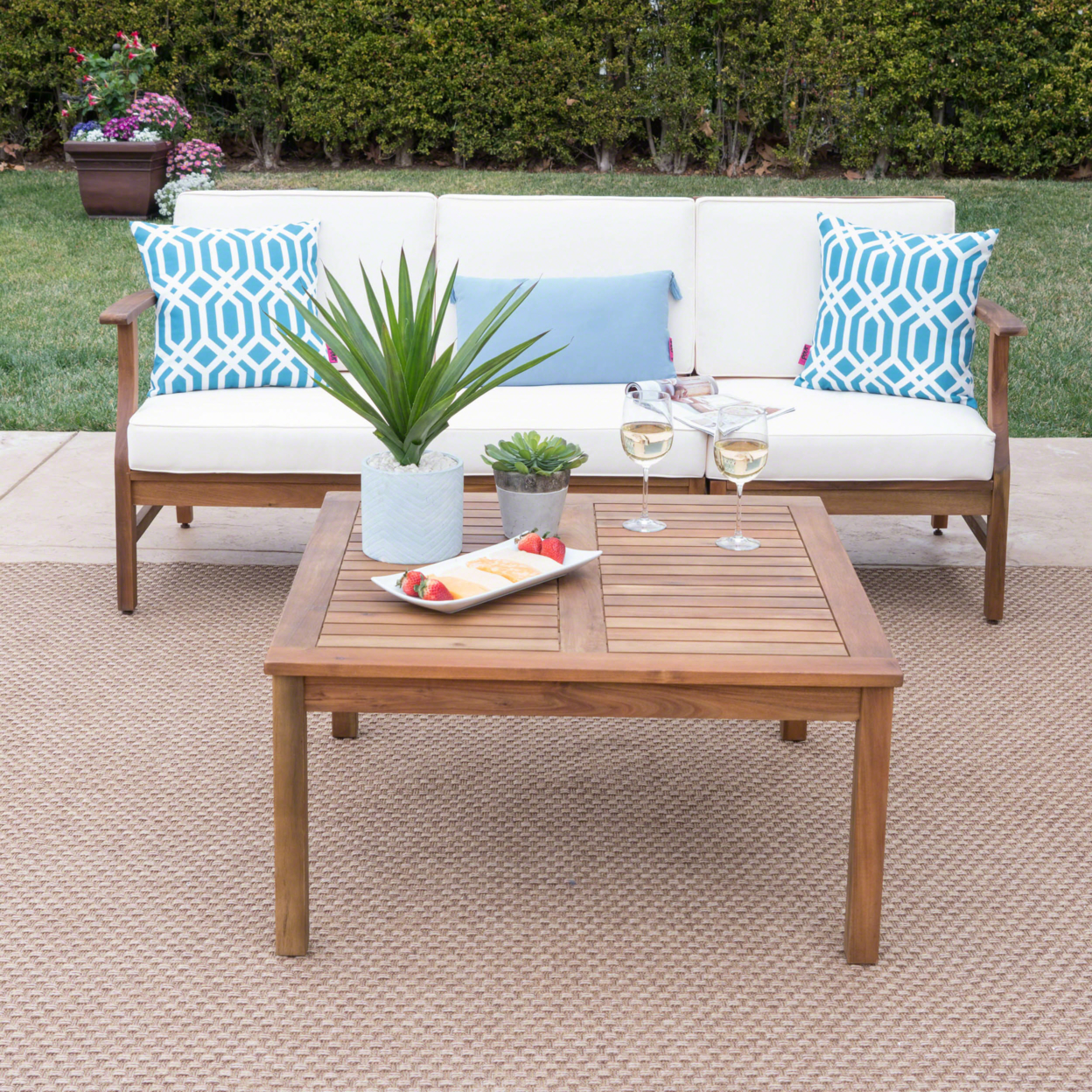 Scarlett Outdoor 3 Seat Teak Finished Acacia Wood Sofa And Table Set - Green