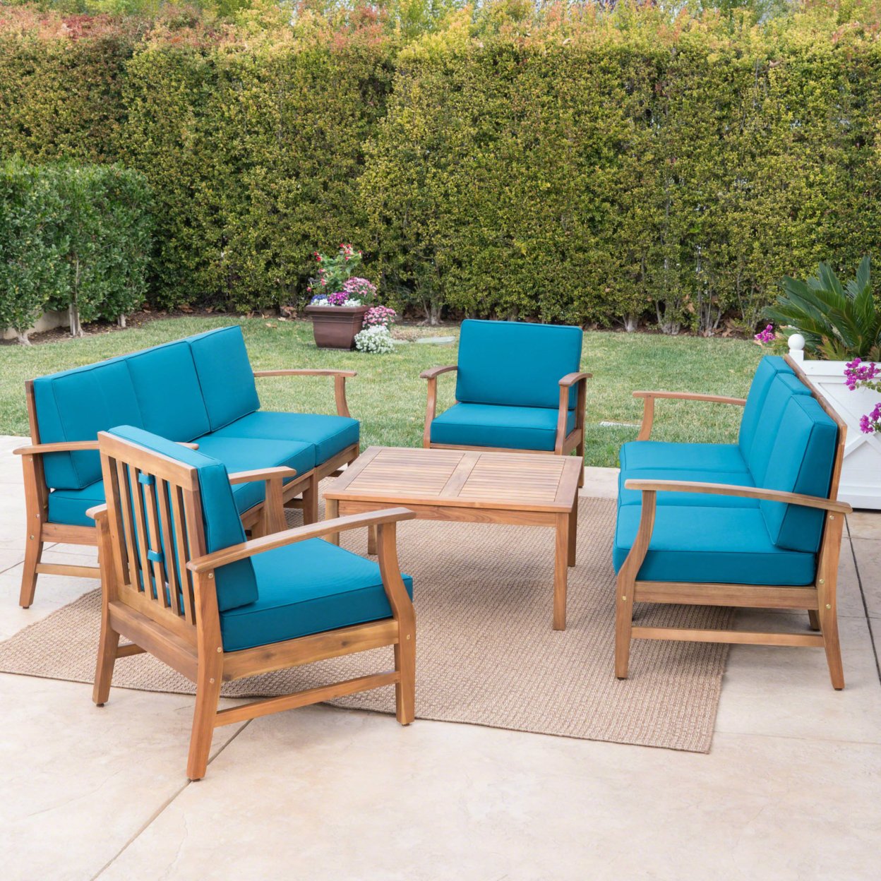 Scarlett Outdoor 8 Seat Teak Finished Acacia Wood Sofa And Table Set - Blue
